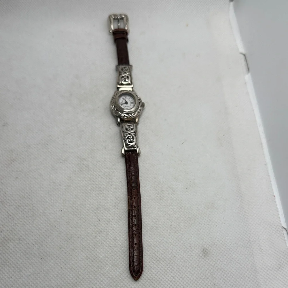 Brighton Silver Watch with Dark Brown Leather Strap